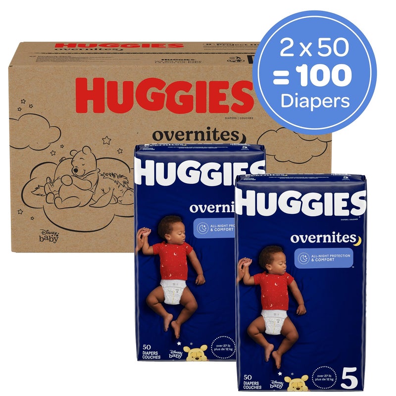 Huggies Size 5 Overnites Baby Diapers: Overnight Diapers, Size 5 (27+ lbs), 100 Ct (2 Packs of 50) - Image 2