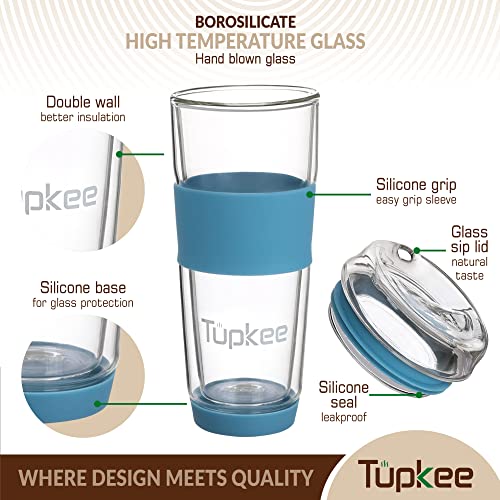 Tupkee Double Wall Glass Tumbler - 14-Ounce, All Glass Reusable Insulated Tea/Coffee Mug & Lid, Hand Blown Travel Mug - Niagara - Image 2