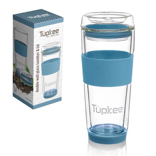 Tupkee Double Wall Glass Tumbler - 14-Ounce, All Glass Reusable Insulated Tea/Coffee Mug & Lid, Hand Blown Travel Mug - Niagara - Image 1