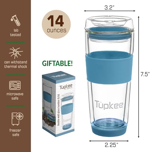 Tupkee Double Wall Glass Tumbler - 14-Ounce, All Glass Reusable Insulated Tea/Coffee Mug & Lid, Hand Blown Travel Mug - Niagara - Image 5