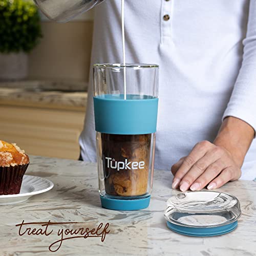 Tupkee Double Wall Glass Tumbler - 14-Ounce, All Glass Reusable Insulated Tea/Coffee Mug & Lid, Hand Blown Travel Mug - Niagara - Image 3