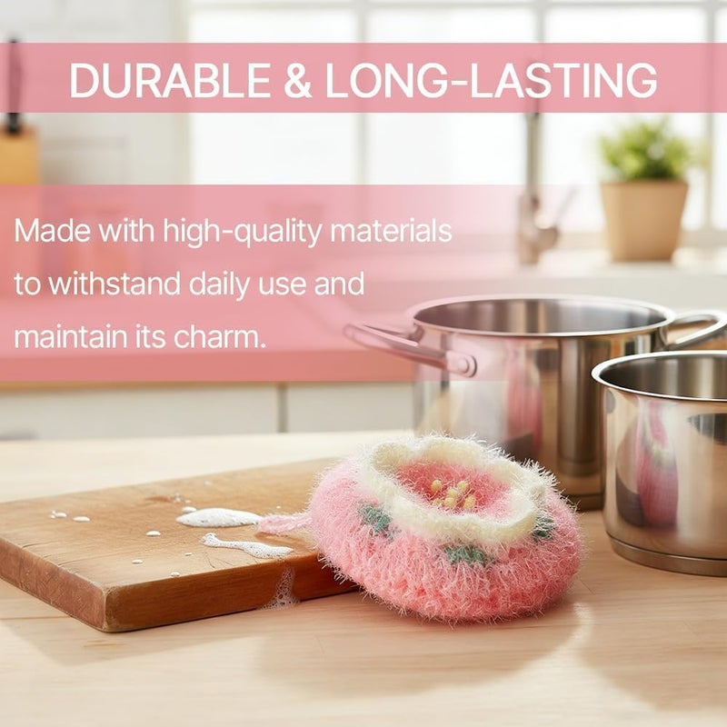 SYOSI 4 Pack Dish Scrubber, Cherry Blossom Polyester Reusable Non Scratch Kitchen Scrubbies with Lanyard, Hand Crochet Dishwashing Sponge Pads for Dishes Glass Cookware Fruit Cleaning - Image 4