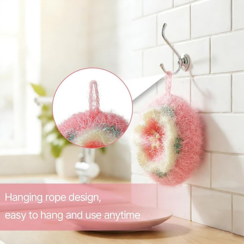 SYOSI 4 Pack Dish Scrubber, Cherry Blossom Polyester Reusable Non Scratch Kitchen Scrubbies with Lanyard, Hand Crochet Dishwashing Sponge Pads for Dishes Glass Cookware Fruit Cleaning - Image 5