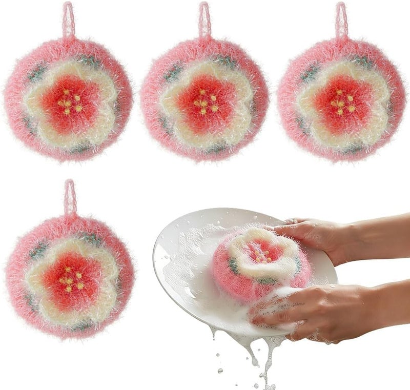 SYOSI 4 Pack Dish Scrubber, Cherry Blossom Polyester Reusable Non Scratch Kitchen Scrubbies with Lanyard, Hand Crochet Dishwashing Sponge Pads for Dishes Glass Cookware Fruit Cleaning - Image 1