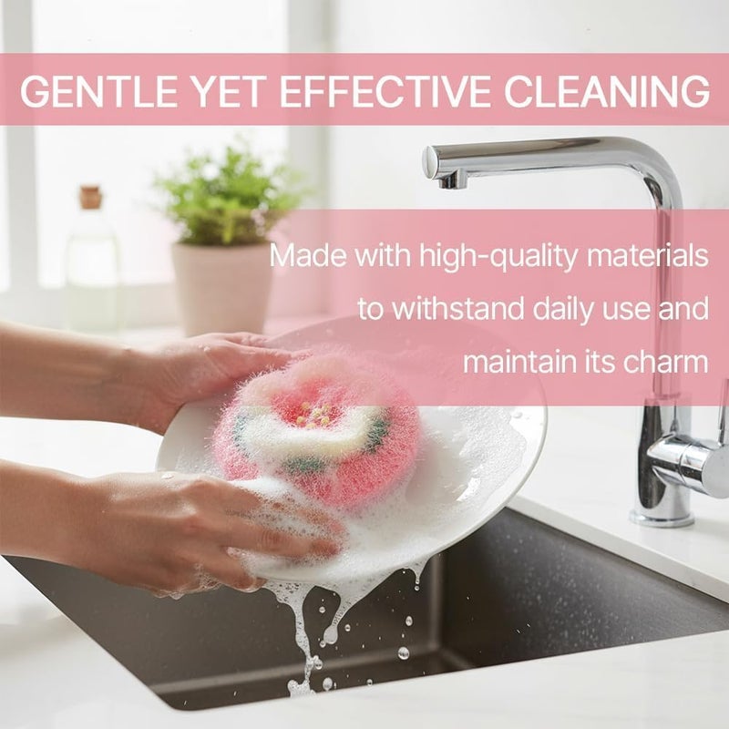 SYOSI 4 Pack Dish Scrubber, Cherry Blossom Polyester Reusable Non Scratch Kitchen Scrubbies with Lanyard, Hand Crochet Dishwashing Sponge Pads for Dishes Glass Cookware Fruit Cleaning - Image 3