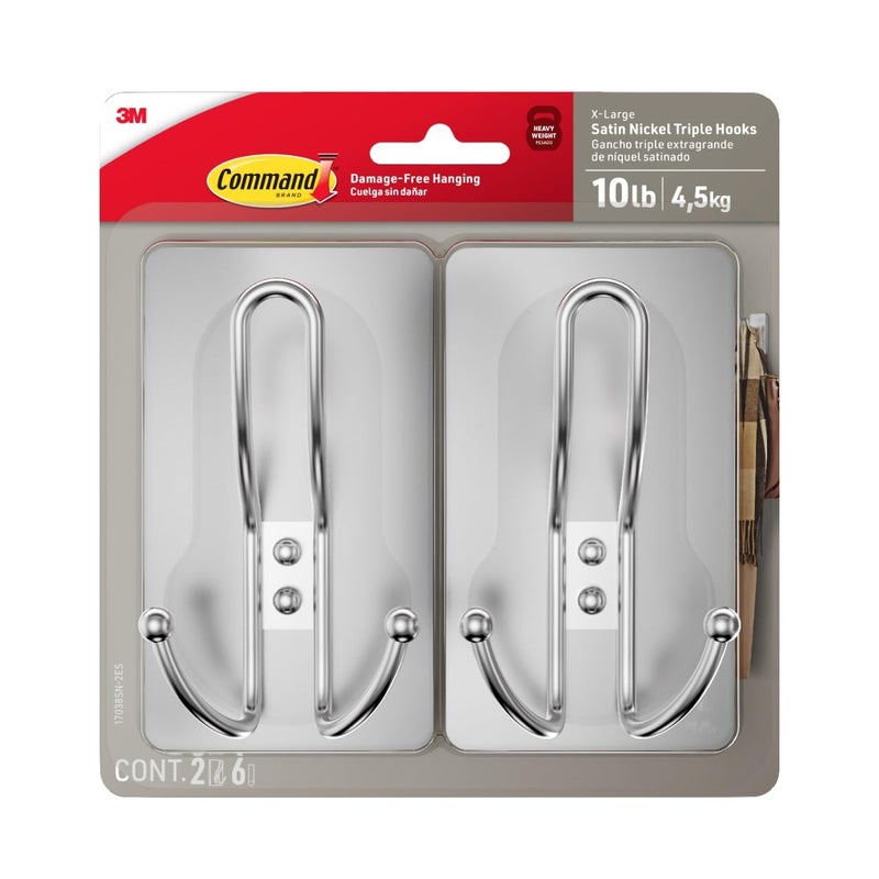 Command X-Large Satin Nickel Triple Hook, 2 Hooks, 6 Strips, Damage-Free Hanging with Adhesive Strips, No Tools Wall Hook for Hanging Decorations in Living Spaces - Image 1