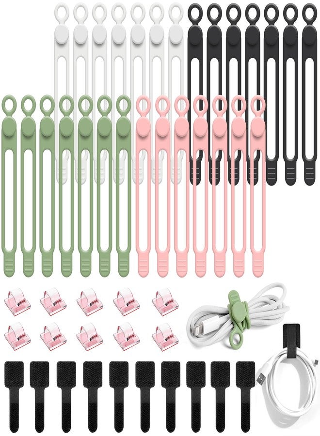 OneLeaf 48Pcs Cord Organizer Kit, Reusable Elastic Silicone Cable Ties, Strong Adhesive Cable Clips for Cable Management, Multipurpose Wire Management Kit for Bundling and Fastening Various Wires - Image 1
