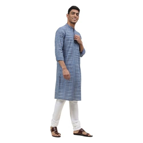 Fabindia Men's Cotton Striped Slim Kurta (1030811BLUE_Blue - Image 3