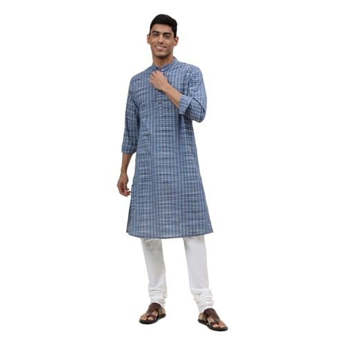 Fabindia Men's Cotton Striped Slim Kurta (1030811BLUE_Blue - Image 1