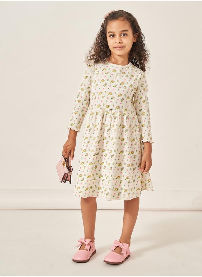 Styli All-Over Floral Print Rib Knit Knee Length Dress  - Image 1