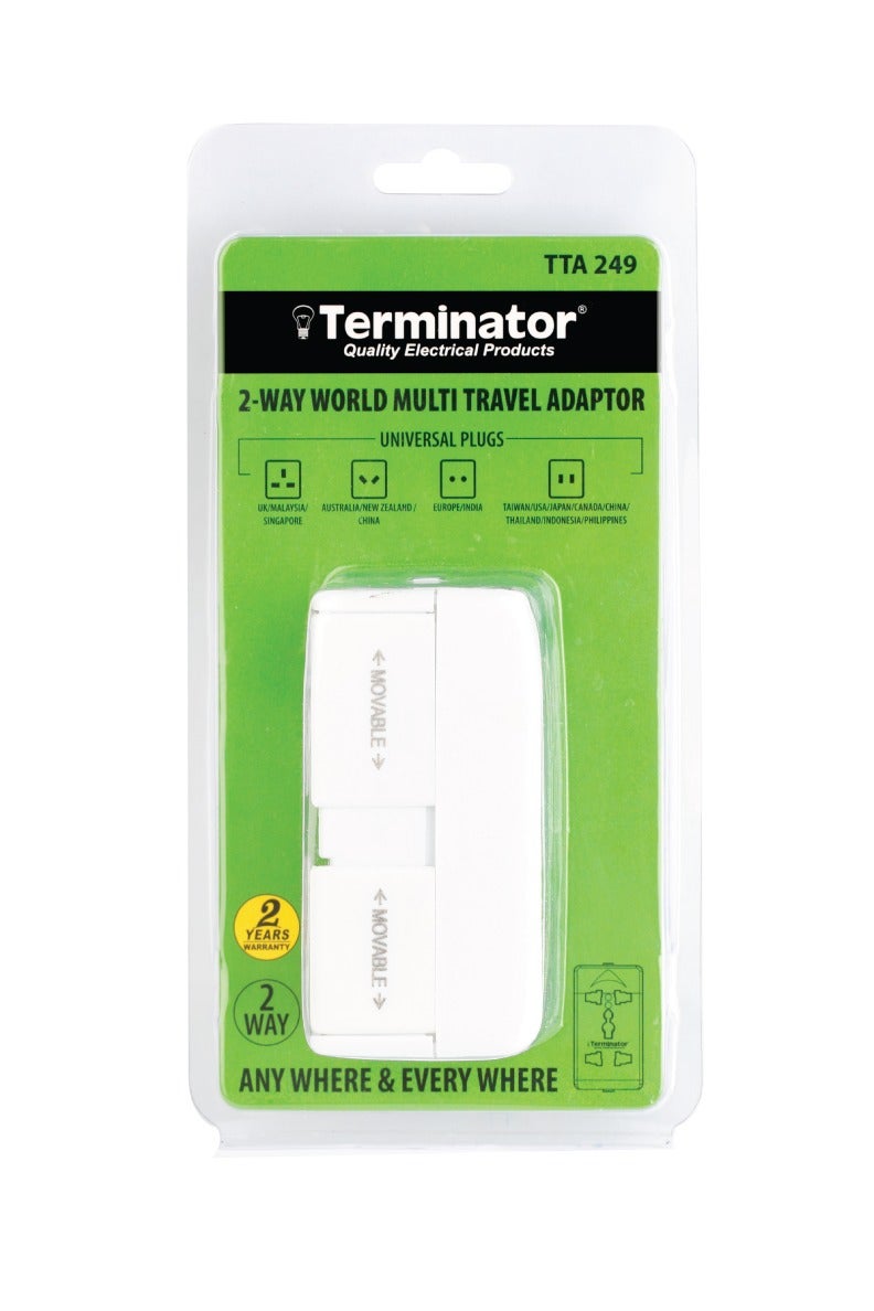 Terminator 2-Way 10A Universal Multi Plug Adapter | World Travel Adaptor with Dual Sockets for UK, US, EU, AU | Compact International Plug Converter - Image 2