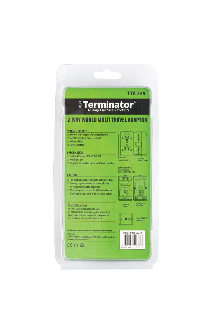 Terminator 2-Way 10A Universal Multi Plug Adapter | World Travel Adaptor with Dual Sockets for UK, US, EU, AU | Compact International Plug Converter - Image 4