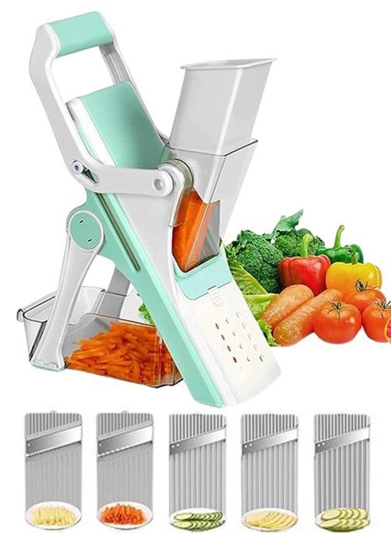 ISHWAZ Vegetable Cutter & Slicer with 5 Blades for Multiple Cutting Styles, Storage Tray, Ergonomic Handle & Non-Slip Base - Image 1
