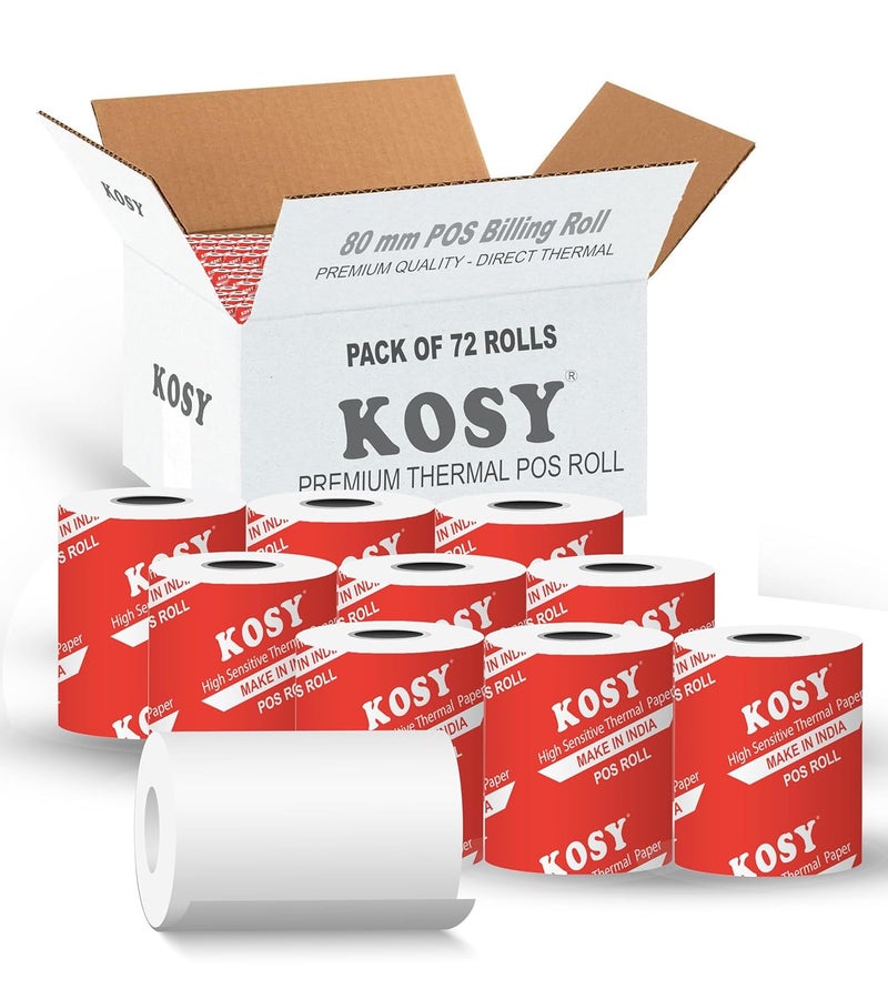 KOSY 80mm (3 Inch) BPA-Free Thermal Paper Rolls for POS Machine | Pack Of 72 | 3 Inch Receipt Paper Roll Compatible with Mini Thermal Printer & POS Machine, EDC Machine, Cash Register, ATM & More - Image 1