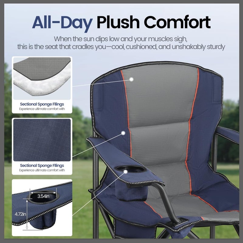 WEIDIORME 2 Pack Heavy Duty Oversized Camping Chair for Adults 400lbs w/Lumbar Support - Folding Chairs with Side Pocket, Cup Holder & Cooler Bag for Beach, Fishing, Lawn, Backyard Navy Blue - Image 3