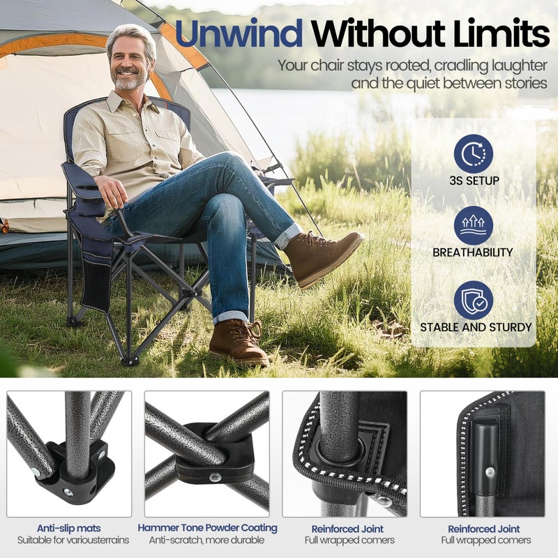 WEIDIORME 2 Pack Heavy Duty Oversized Camping Chair for Adults 400lbs w/Lumbar Support - Folding Chairs with Side Pocket, Cup Holder & Cooler Bag for Beach, Fishing, Lawn, Backyard Navy Blue - Image 4