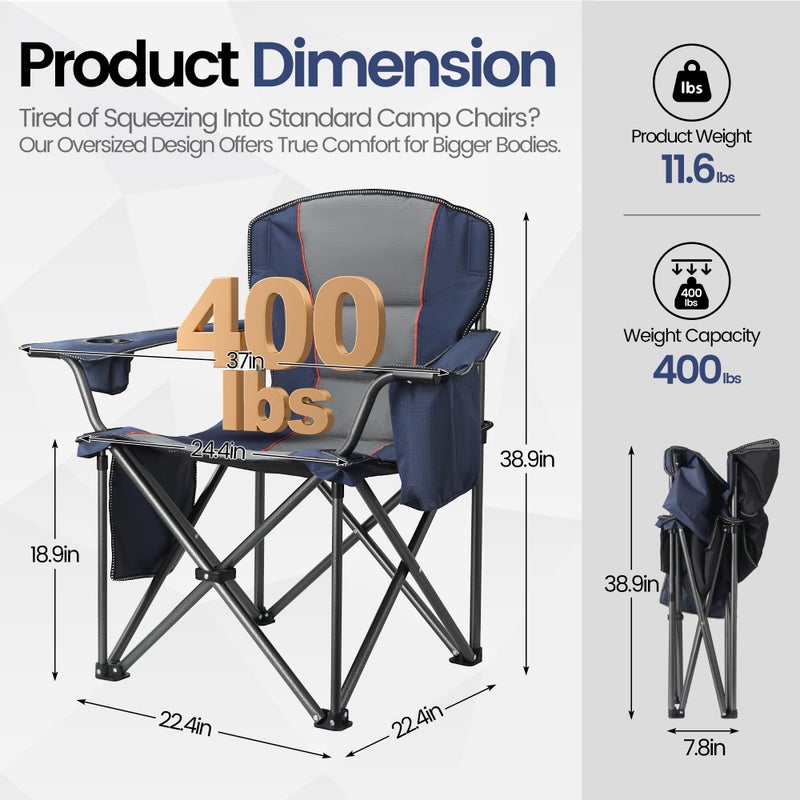 WEIDIORME 2 Pack Heavy Duty Oversized Camping Chair for Adults 400lbs w/Lumbar Support - Folding Chairs with Side Pocket, Cup Holder & Cooler Bag for Beach, Fishing, Lawn, Backyard Navy Blue - Image 5