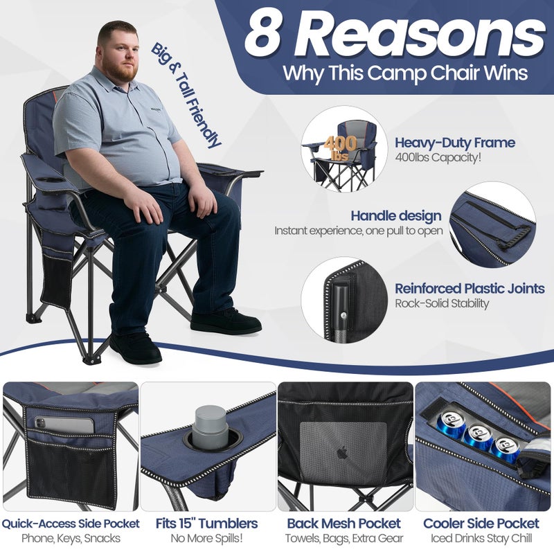 WEIDIORME 2 Pack Heavy Duty Oversized Camping Chair for Adults 400lbs w/Lumbar Support - Folding Chairs with Side Pocket, Cup Holder & Cooler Bag for Beach, Fishing, Lawn, Backyard Navy Blue - Image 2