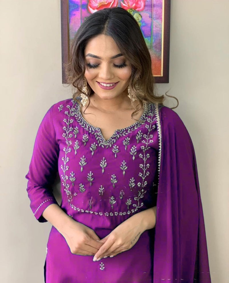 Florely Women's and Girl's Slub Rayon Cotton Regular Sequence Embroidered Work Latest Kurti with Trousers and Duppta (in, Alpha, XL, Regular, Purple) - Image 5
