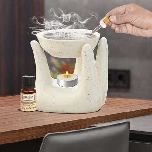 Pure Source India Ceramic Hand Type Oil Burner Diffuser for Home, Office, with 1 Tea Light Candle, Made by Porcelain (Dotted White) - Image 4