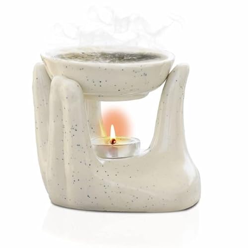 Pure Source India Ceramic Hand Type Oil Burner Diffuser for Home, Office, with 1 Tea Light Candle, Made by Porcelain (Dotted White) - Image 1