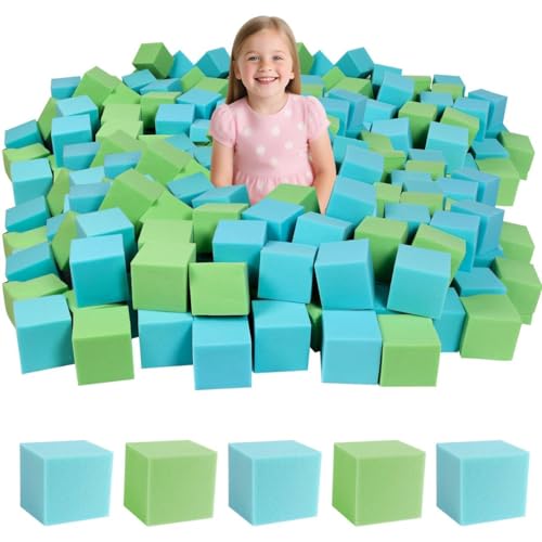 WINTECY 48PCS Foam Cubes 5x5x5 Foam Pit Blocks Set Soft Stacking Blocks for Indoor GamesTrampolines Gymnastics Parkour Action Sport Green and Light Blue - Image 1