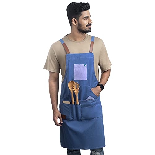 VAYA Haute Apron Set, Includes Chef Apron, Pot Holder & 2 Oven Mitts, Washable Cotton With Front Pocket & Adjustable Ties, Heat-Resistant Padded Gloves, Free Size, Navy - Image 4