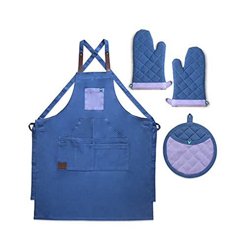 VAYA Haute Apron Set, Includes Chef Apron, Pot Holder & 2 Oven Mitts, Washable Cotton With Front Pocket & Adjustable Ties, Heat-Resistant Padded Gloves, Free Size, Navy - Image 1