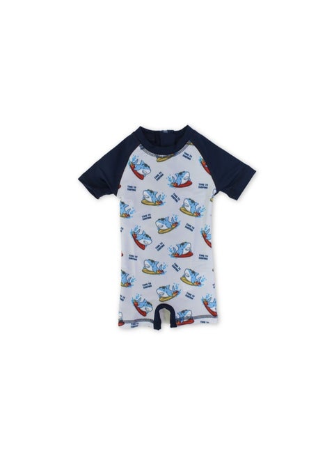 Baby Boys Sunsuit One-Piece – Navy with Shark Print