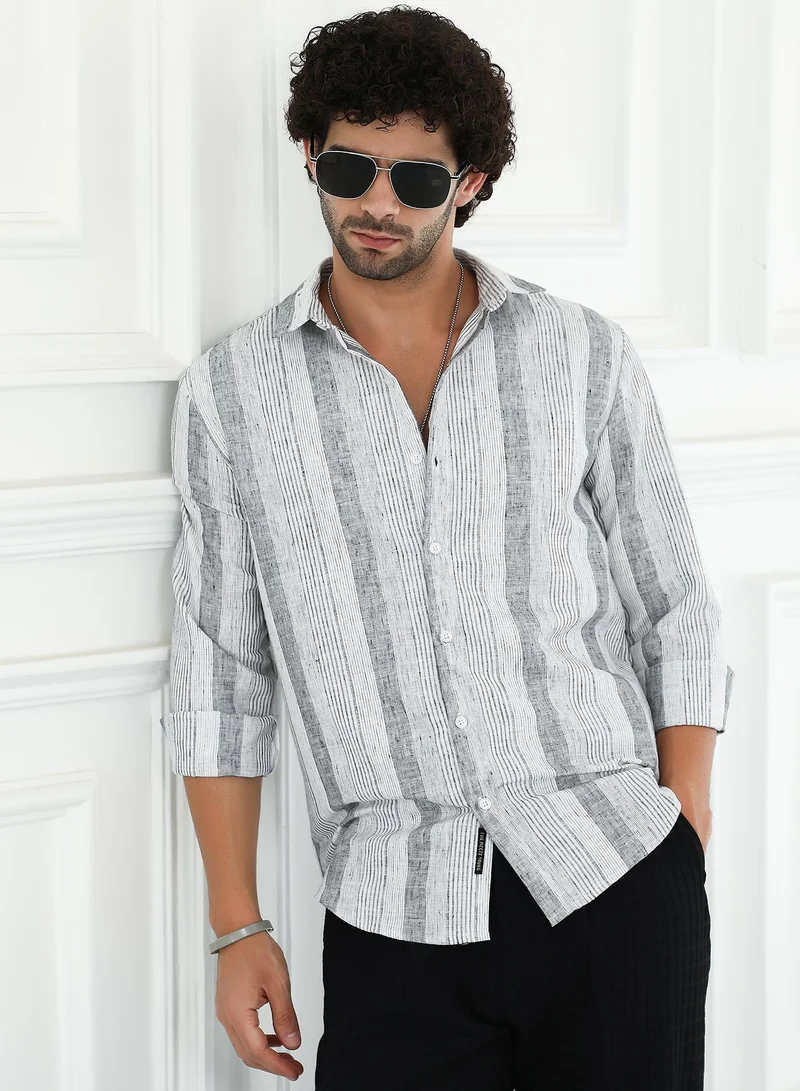 Campus Sutra Men's Ash Grey Pincandy-Striped Regular Shirt