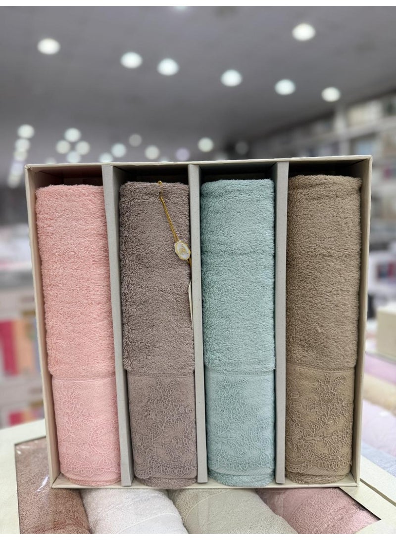 طقم فوط حمام فاخرة 100% قطن – عدد 4 فوط بتطريز أنيق