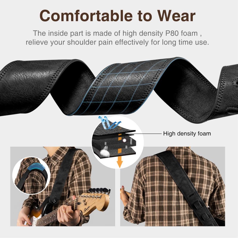 LEKATO Leathers Guitar Strap 2.5" Wide Padded Bass Strap Soft Comfortable with High Density Form Pad, Adjustable Length from 41" to 51" for Electric/Acoustic Guitar Bass,Black - Image 2