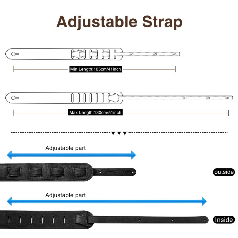 LEKATO Leathers Guitar Strap 2.5" Wide Padded Bass Strap Soft Comfortable with High Density Form Pad, Adjustable Length from 41" to 51" for Electric/Acoustic Guitar Bass,Black - Image 3