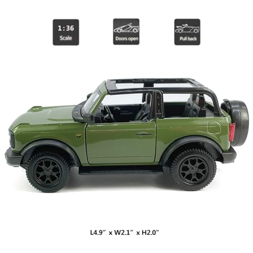 Metanyl 2-Door Convertible Bronco Badlands Model Car 1/36 Scale Diecast Toy Cars Metal Alloy Children’s Vehicles, Pull Back Doors Open, Black Rim, Mens Collection, Kids Toys for Boys Gifts, Cake Topper, green - Image 2