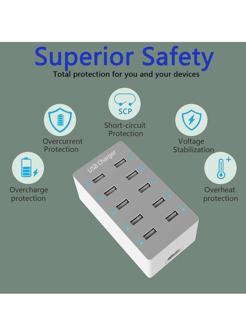 SYOSI 10 Port 50W USB Charging Station, USB Charger Hub with Rapid Charging Safety Auto Detect, Family Device Organizer, Smart USB Ports for iPhones, iPads, Samsung, Google, Tablet - Image 3