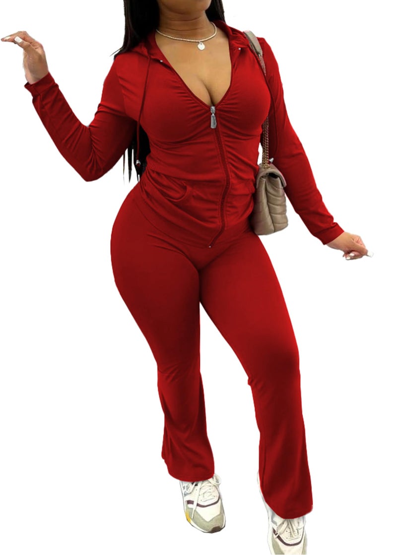 PINSV Women 2 Piece Outfits Workout Bodycon Tracksuit Long Sleeve Zip Up Hoodie Jacket Matching Flared Pants Sets Red XXL - Image 4