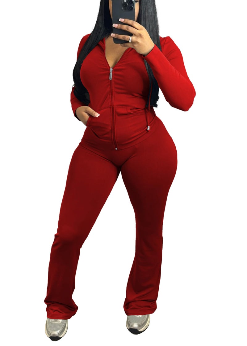 PINSV Women 2 Piece Outfits Workout Bodycon Tracksuit Long Sleeve Zip Up Hoodie Jacket Matching Flared Pants Sets Red XXL - Image 2