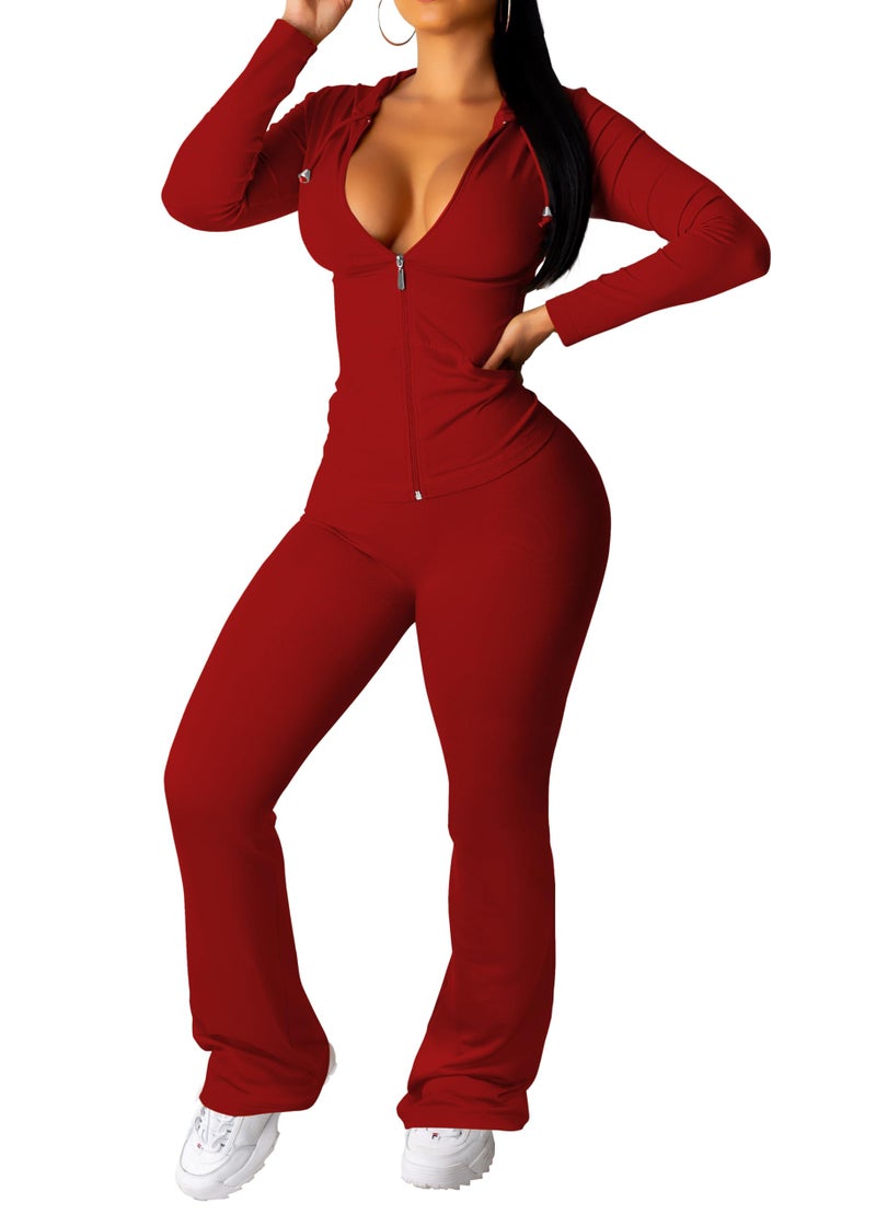 PINSV Women 2 Piece Outfits Workout Bodycon Tracksuit Long Sleeve Zip Up Hoodie Jacket Matching Flared Pants Sets Red XXL - Image 1