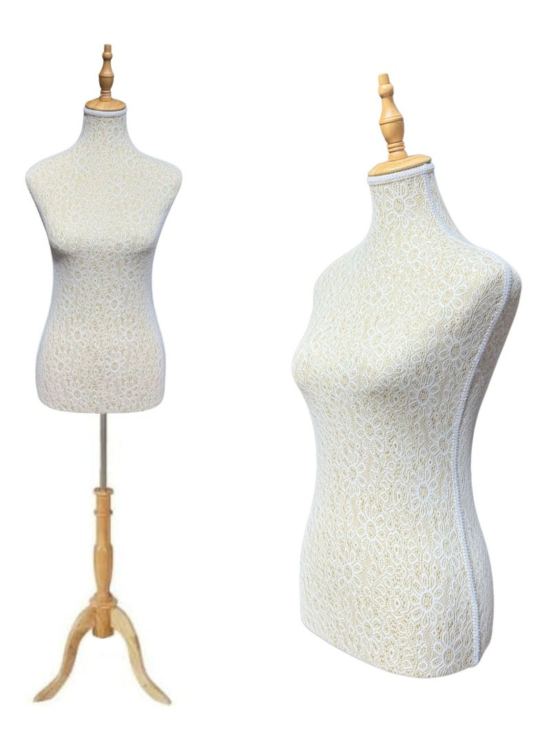 أورتوك مانيكان أنثوي 174 سم – قاعدة خشبية قابلة للتعديل مع لمسة ذهبية بسيطة. مناسب لعرض الملابس والخياطة. - Image 1