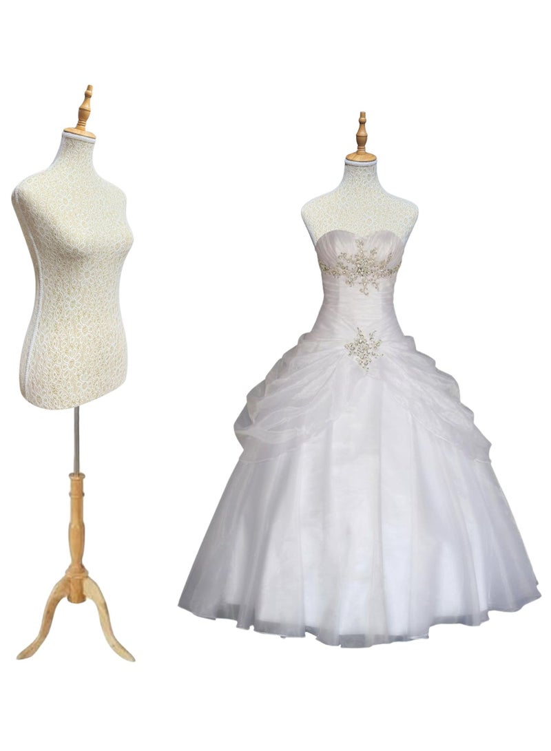 أورتوك مانيكان أنثوي 174 سم – قاعدة خشبية قابلة للتعديل مع لمسة ذهبية بسيطة. مناسب لعرض الملابس والخياطة. - Image 2