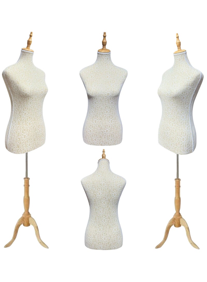 أورتوك مانيكان أنثوي 174 سم – قاعدة خشبية قابلة للتعديل مع لمسة ذهبية بسيطة. مناسب لعرض الملابس والخياطة. - Image 5