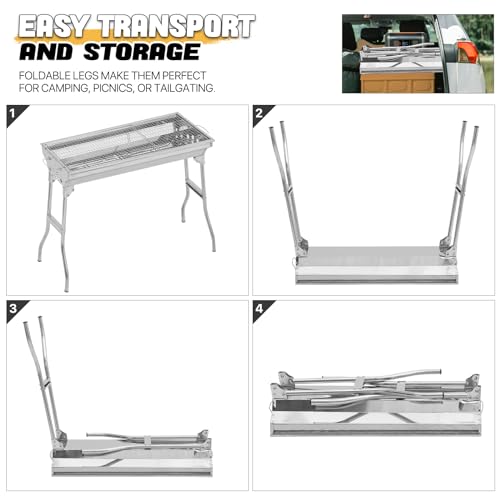 Olpad Outdoor Folding Grill (72Cm) Thickened Stainless Steel BBQ Large Charcoal Barbecue Grill Square Picnic Grill - Image 4