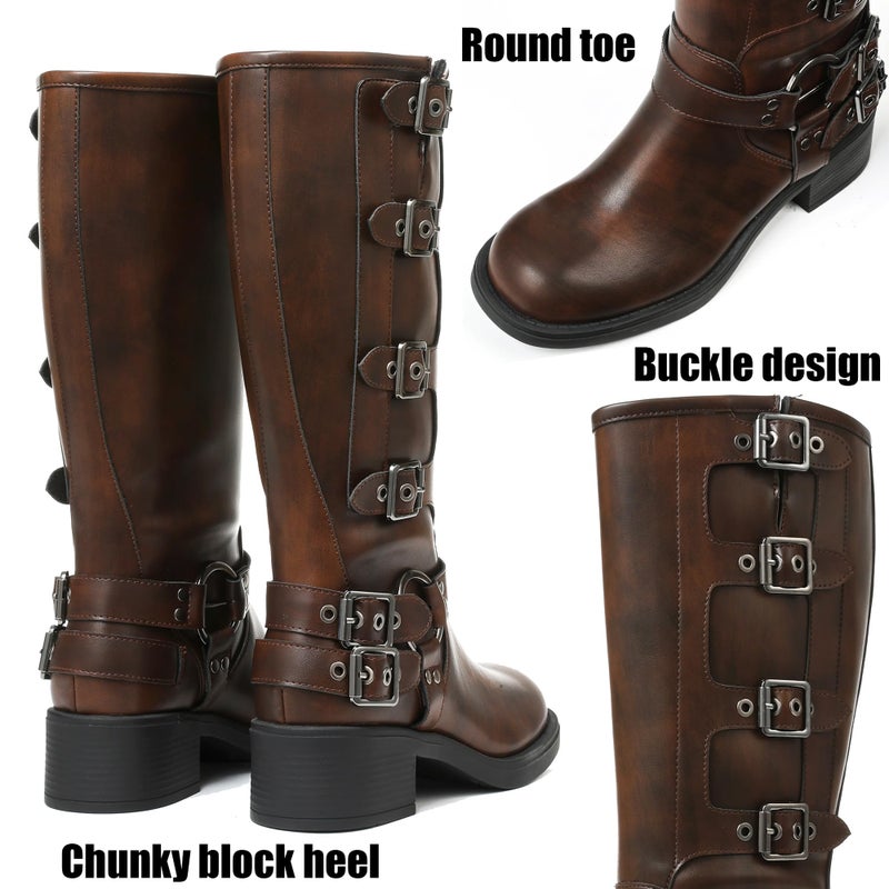 AMINUGAL Brown Knee High Boots Women Square Toe Pull On Boots Wide Calf Riding Boots Festival Buckles Chunky Boots Metallic Casual Vintage Buckle Rivet Boots Size 8.5 - Image 5