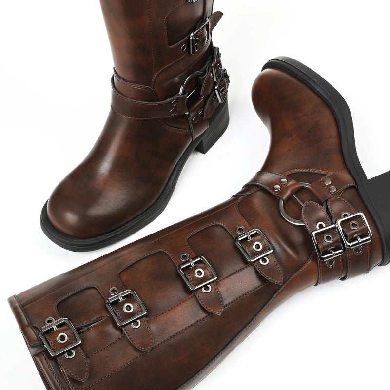 AMINUGAL Brown Knee High Boots Women Square Toe Pull On Boots Wide Calf Riding Boots Festival Buckles Chunky Boots Metallic Casual Vintage Buckle Rivet Boots Size 8.5 - Image 4