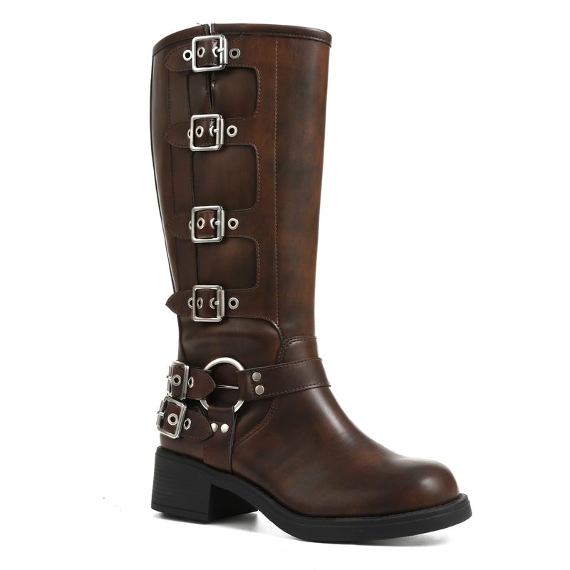 AMINUGAL Brown Knee High Boots Women Square Toe Pull On Boots Wide Calf Riding Boots Festival Buckles Chunky Boots Metallic Casual Vintage Buckle Rivet Boots Size 8.5 - Image 1