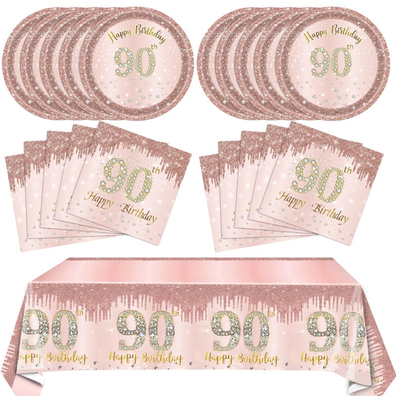 SNIMICS 41PCS Women 90th Birthday Party Decorations Supplies Rose Gold Ninety Year Old Birthday Disposable Tableware Include Plates Napkins Tablecloth For Women Serves 20 - Image 2