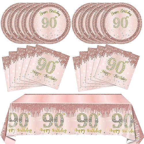 SNIMICS 41PCS Women 90th Birthday Party Decorations Supplies Rose Gold Ninety Year Old Birthday Disposable Tableware Include Plates Napkins Tablecloth For Women Serves 20 - Image 1