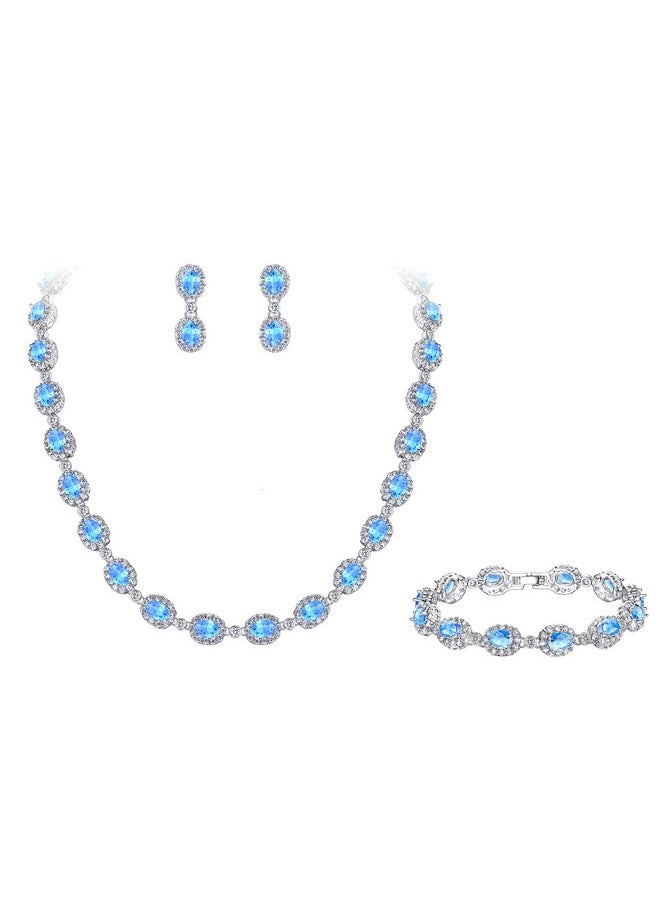 EVER FAITH - Women'S Wedding Set Light Blue Cubic Zirconia Luxury Oval Shaped Prom Necklace Earrings Bracelet Set - Image 1