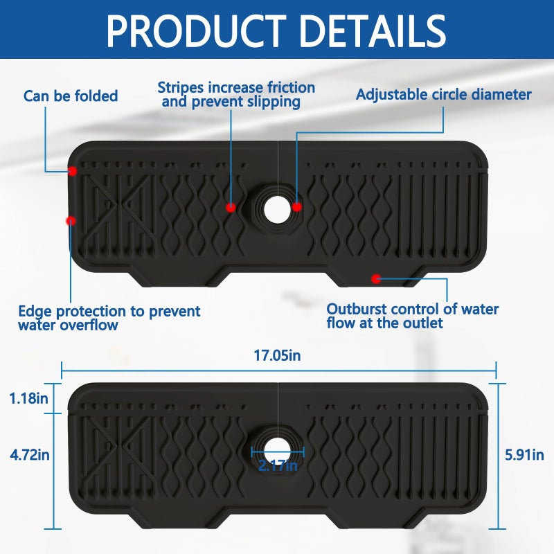 EBIGIC Kitchen Sink Accessories -17" x 6'' Sink Splash Guard,Silicone Sink Mat Splash Guard, fit for Countertop, Bathroom,Farmhouse,RV by EBIGIC (Black) - Image 2