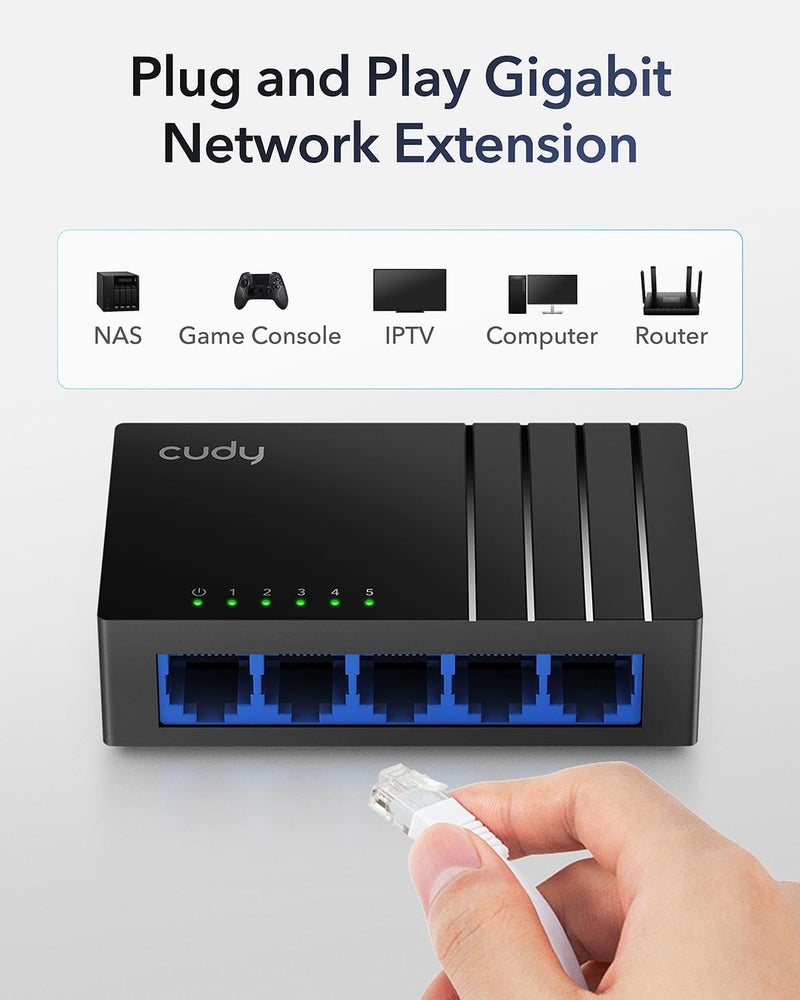 cudy Litewave GS105D 5 Port Gigabit Ethernet Switch | Desktop Ethernet Splitter | Plastic Case | Unshielded Switch | Plug & Play | Fanless | Unmanaged - Image 2